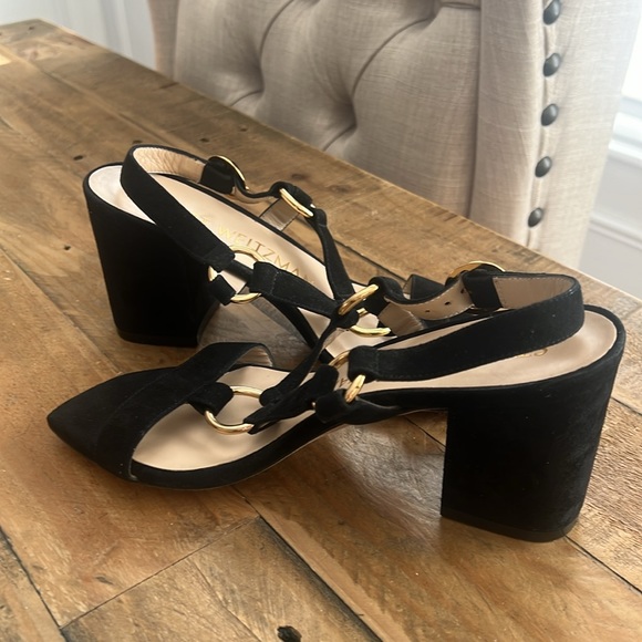 STUART WEITZMAN LATITA BLOCK HEEL SANDAL GOLD SQUARE BLACK 6 - Picture 7 of 7